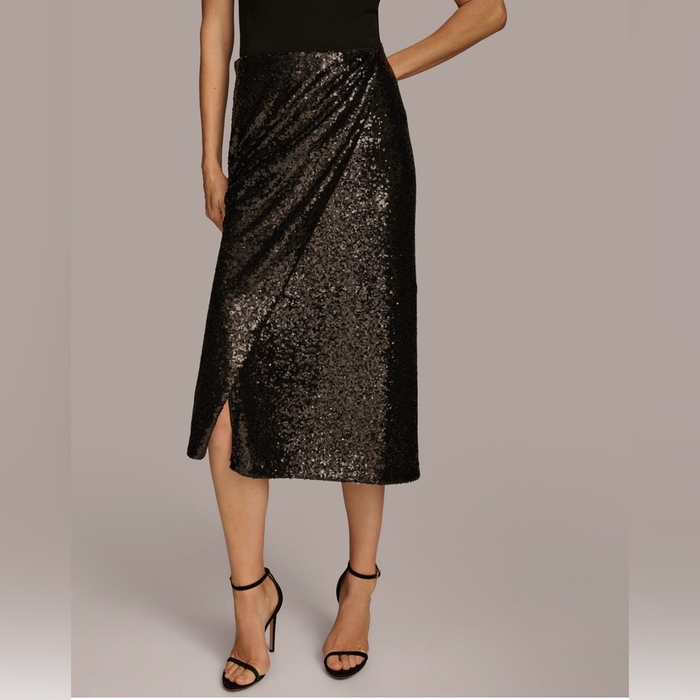 Donna Karan Black Faux-Wrap Midi Sequin Skirt